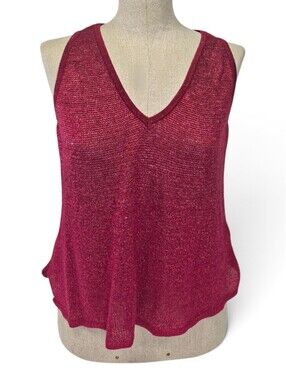 Maria Pavan Metallic Knit Tank Top M Burgundy Lurex V Neck